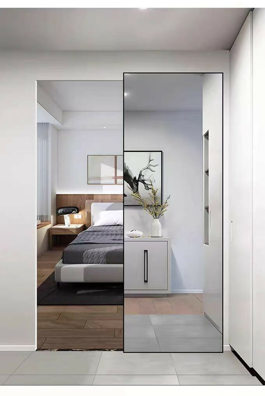 Bathroom mirror sliding door without guide rail design